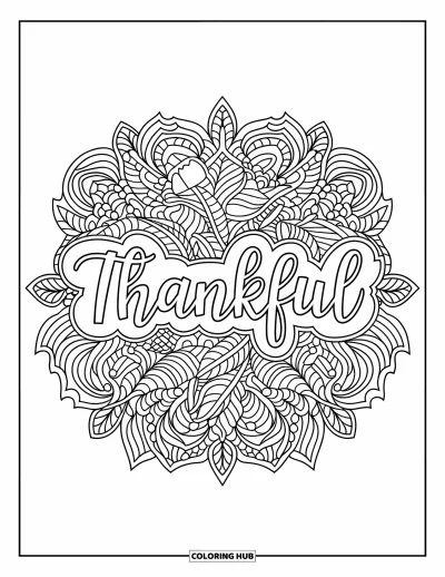 Coloriage de reconnaissance pour adultes : Des feuilles et des fleurs s'enlaçant autour de « Thankful » dans un mandala de style botanique