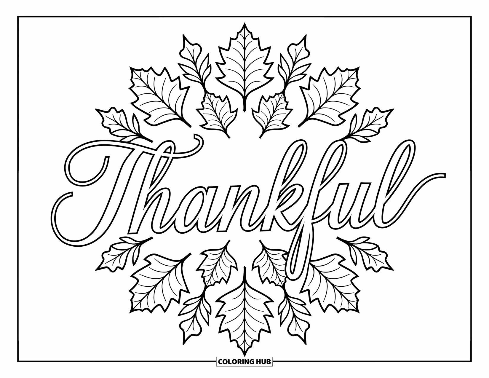 Dankbarkeits-Ausmalbild für Erwachsene: Ahorn- und Eichenblätter formen ein sanftes Mandala um das Wort “Thankful”