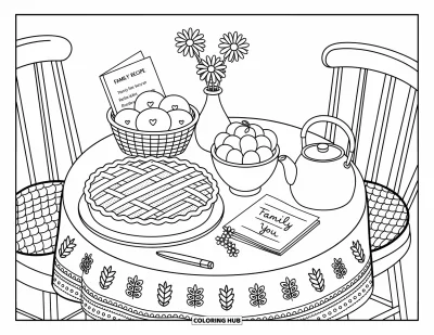 Coloriage de reconnaissance pour adultes : De la tarte, des fruits et des marguerites ornant une jolie table dressée pour un doux moment automnal