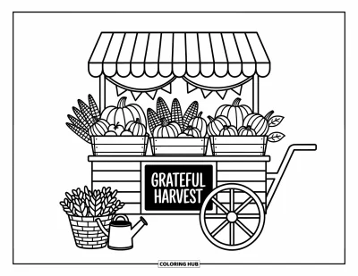 Coloriage de reconnaissance pour adultes : Des citrouilles, des courges et des pommes alignées sur un joli chariot de ferme avec « Grateful Harvest »