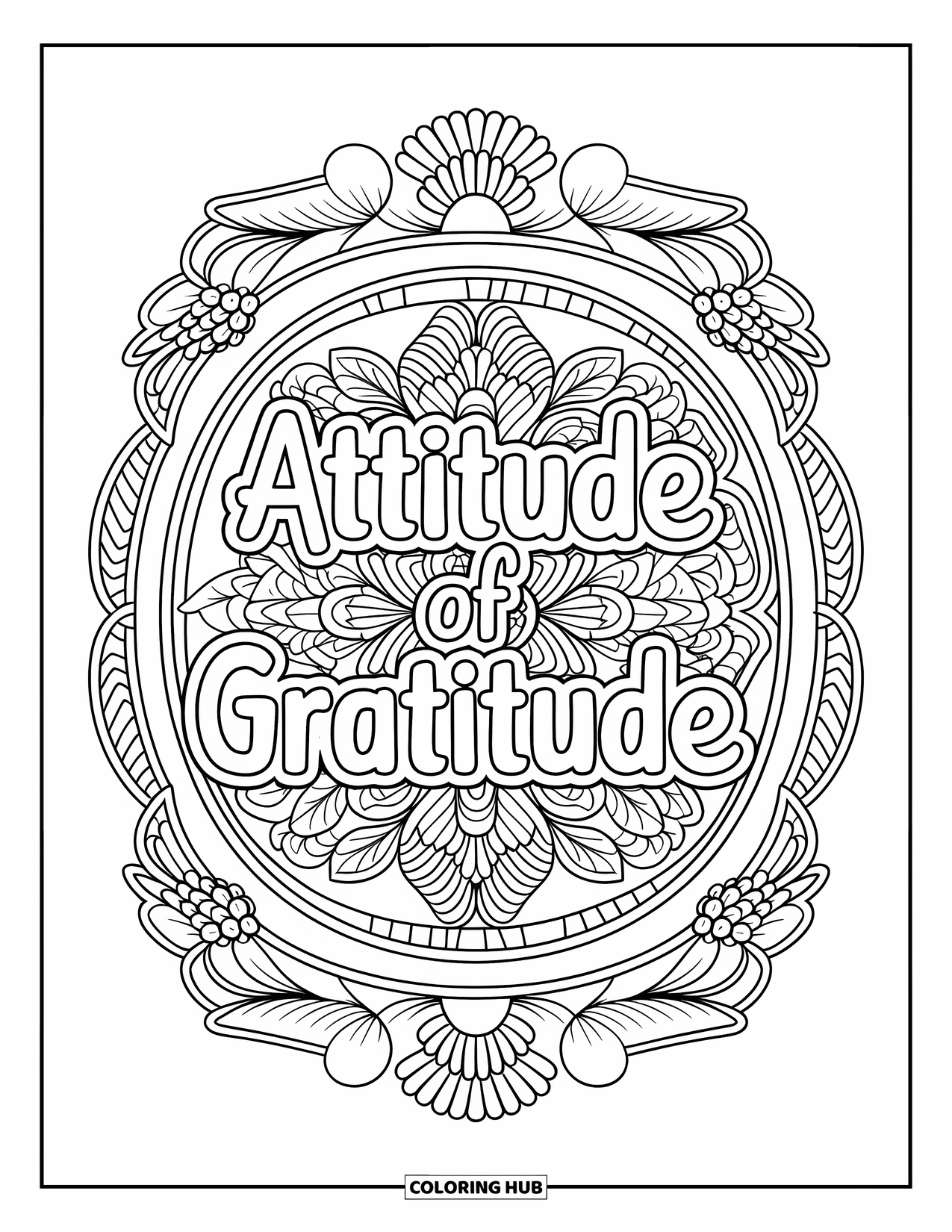 Dankbarkeits-Ausmalbild für Erwachsene: Kreise aus Blumen und Früchten umrahmen den Schriftzug “Attitude of Gratitude”