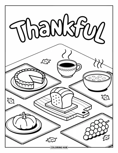 Coloriage de reconnaissance pour adultes : « Thankful » flottant au-dessus d'une table garnie de tarte, de soupe, de pain et de petites douceurs d'automne