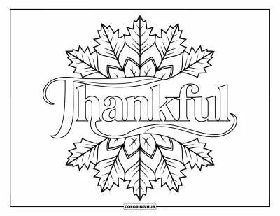 Coloriage de reconnaissance pour adultes : « Thankful » au centre d'un mandala de feuilles d'érable et de chêne