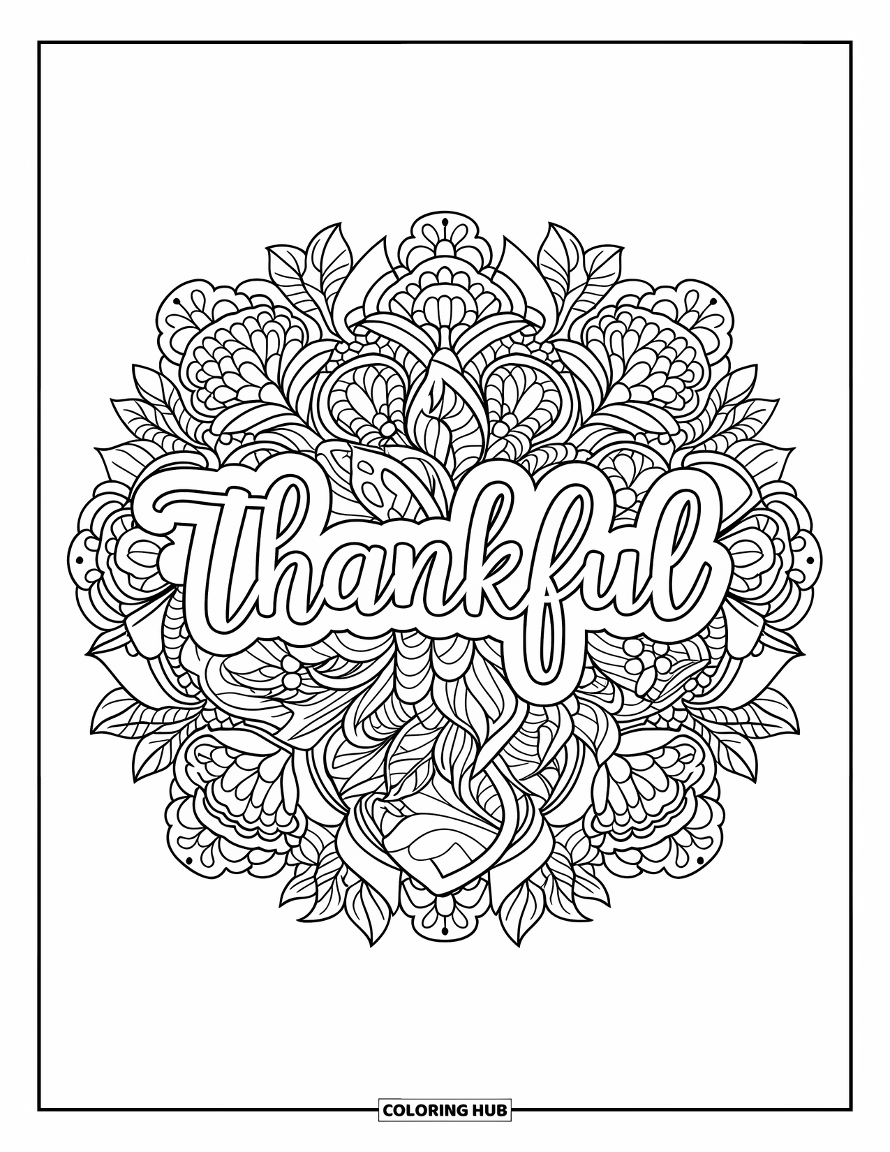 Dankbarkeits-Ausmalbild für Erwachsene: “Thankful” ruht in einem prachtvollen botanischen Mandala aus Ranken und Blumen