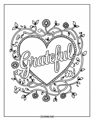 Coloriage de reconnaissance pour adultes : Des vignes entrelacées et des accents floraux entourant un cœur portant « Grateful »