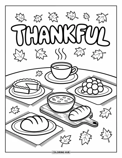 Coloriage de reconnaissance pour adultes : De délicieuses douceurs d'automne et une pancarte « Thankful » apportant du réconfort à une table joyeuse