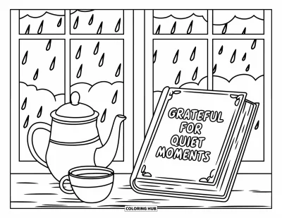 Coloriage de reconnaissance pour enfants : Un livre, du thé et des gouttes de pluie créant un moment paisible avec « Grateful for Quiet Moments »