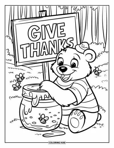 Coloriage de reconnaissance pour enfants : Un ourson joyeux en T-shirt rayé avec du miel, assis près de « Give Thanks »