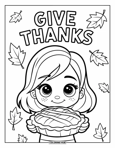 Coloriage de reconnaissance pour enfants : Une petite fille joyeuse tient une tarte avec « Give Thanks » au-dessus d'elle