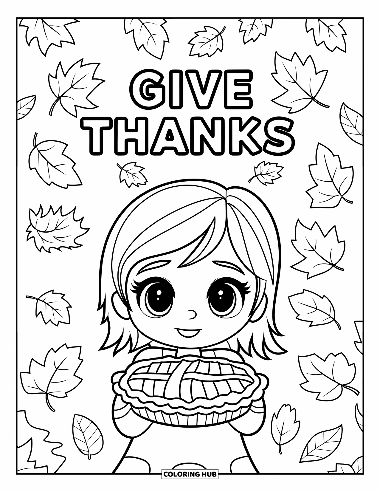 Dankbarkeits-Ausmalbild für Kinder: Ein Chibi-Mädchen hält einen Kuchen unter einem Blätterwirbel und dem Schriftzug “Give Thanks”