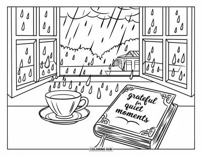Coloriage de reconnaissance pour enfants : Un coin lecture douillet près de la fenêtre avec « Grateful for Quiet Moments » sur le livre