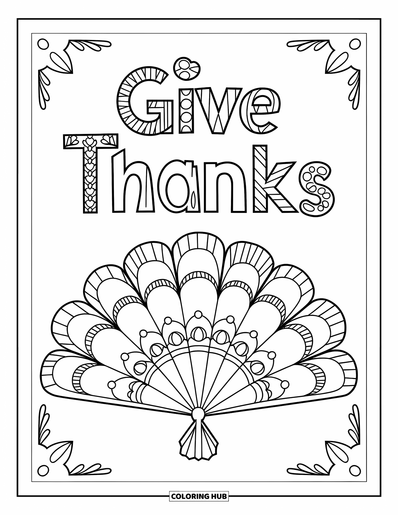 Dankbarkeits-Ausmalbild für Kinder: Ein Federfächer-Display mit dem Schriftzug “Give Thanks” darüber