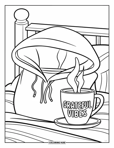Coloriage de reconnaissance pour enfants : Un sweat-shirt plié et une boisson chaude avec « Grateful Vibes » imprimé sur la tasse