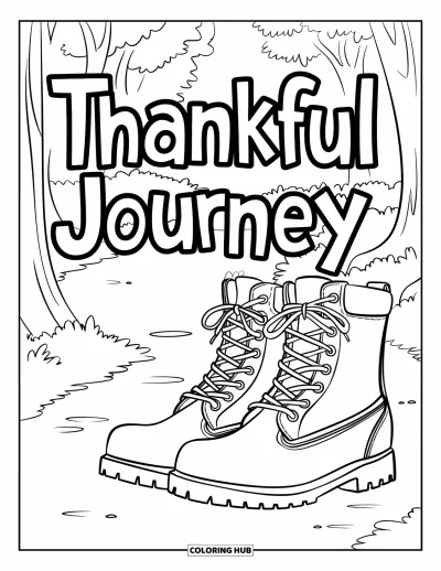 Coloriage de reconnaissance pour enfants : Un sentier forestier avec des bottes et « Thankful Journey » à proximité