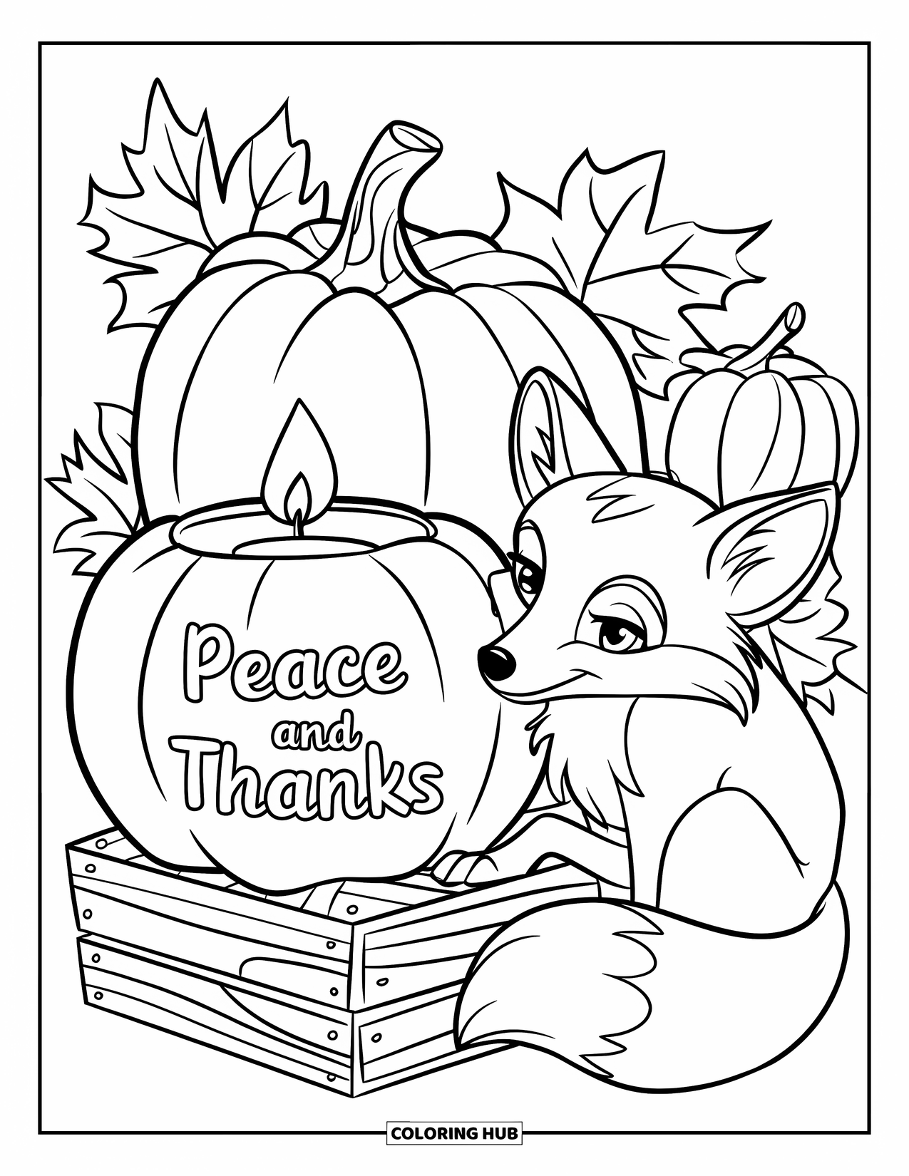 Dankbarkeits-Ausmalbild für Kinder: Ein Fuchs rollt sich neben einem leuchtenden Kürbis zusammen, daneben der Schriftzug “Peace and Thanks”