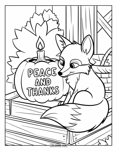 Coloriage de reconnaissance pour enfants : Un renard blotti près d'une citrouille lumineuse portant « Peace and Thanks »