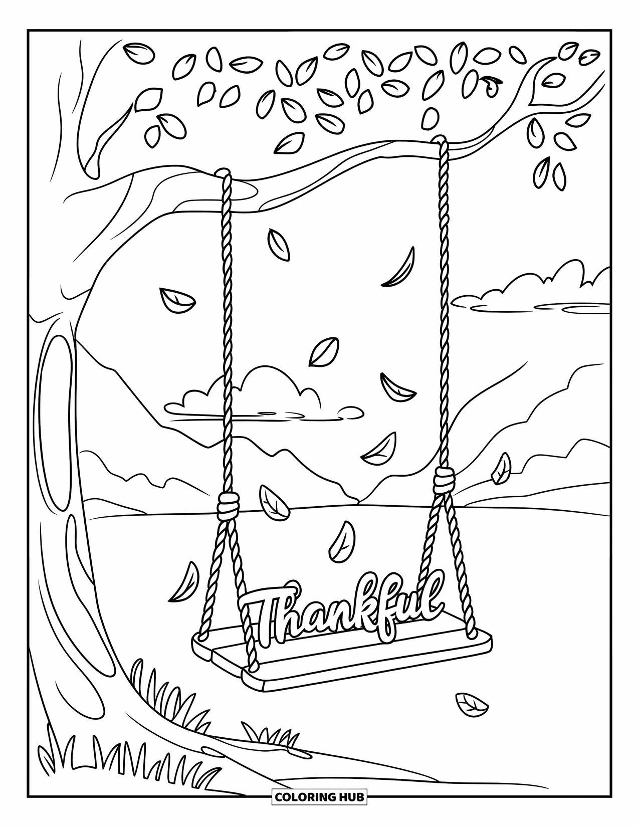 Dankbarkeits-Ausmalbild für Kinder: Eine sanfte Schaukel und treibende Blätter, in den Baum ist “Thankful” eingraviert