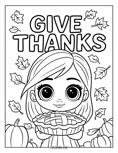 Coloriage de reconnaissance pour enfants : Une fille aux grands yeux avec une tarte sous des feuilles d'automne tourbillonnantes