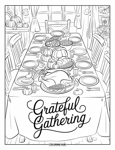 Coloriage de reconnaissance pour enfants : Une table de récolte vue d'en haut, garnie de plats et ornée des mots « Grateful Gathering »