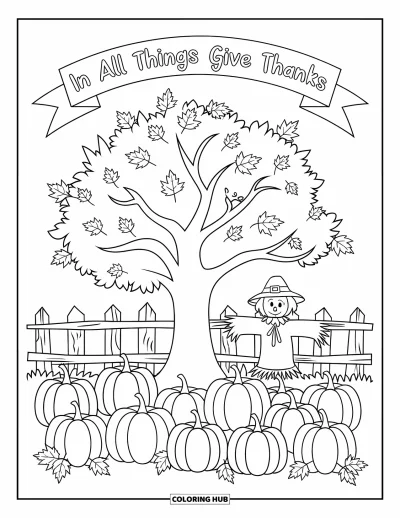 Coloriage de reconnaissance pour enfants : Un arbre sans feuilles et un épouvantail sous « In All Things Give Thanks »