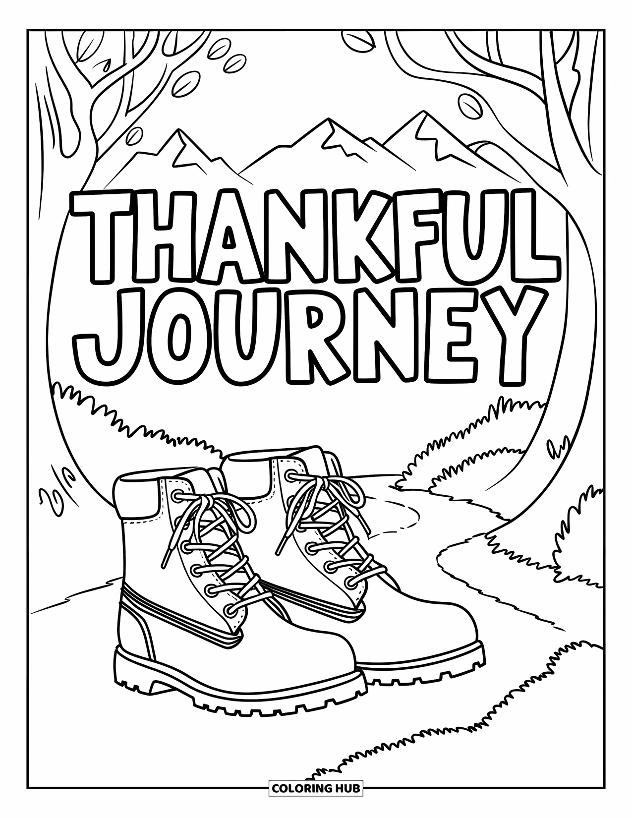 Dankbarkeits-Ausmalbild für Kinder: Ein Paar Stiefel stehen auf einem Waldweg, daneben der Schriftzug “Thankful Journey”