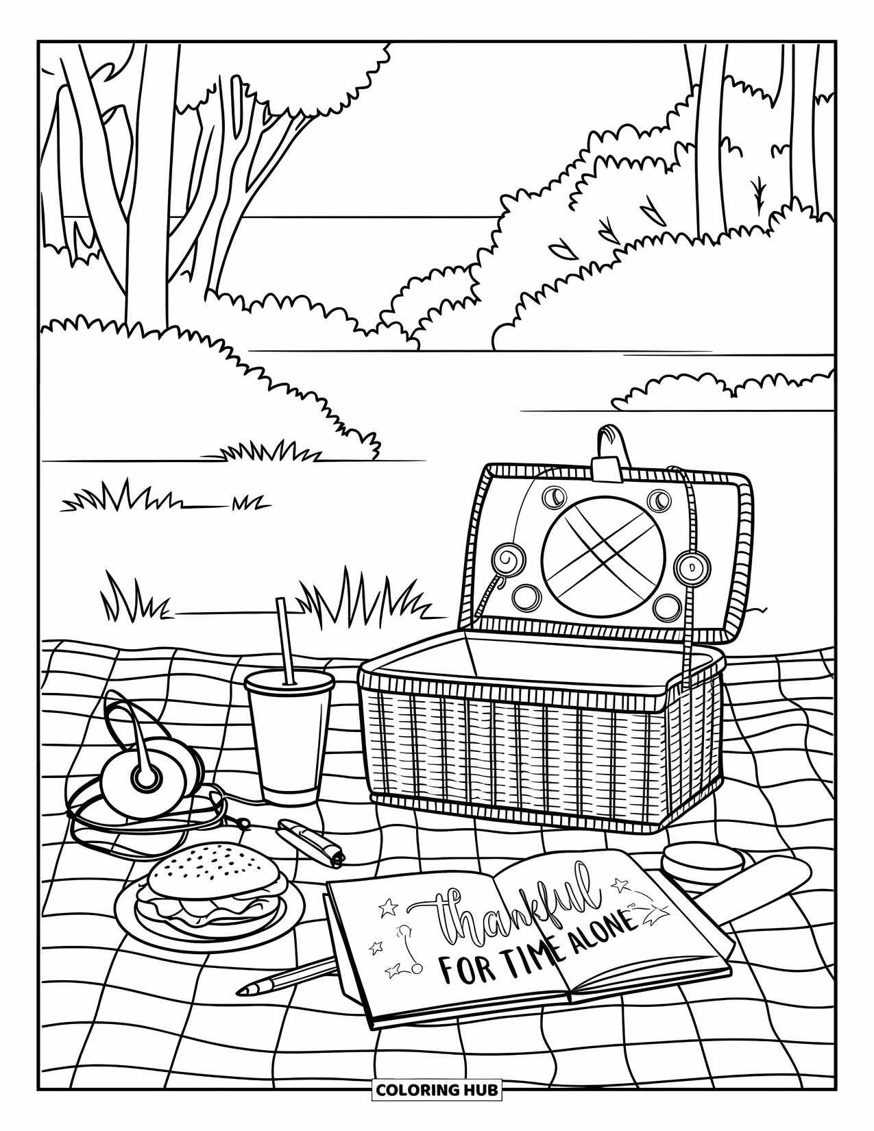 Dankbarkeits-Ausmalbild für Kinder: Eine Picknickdecke mit Leckereien und dem Schriftzug “Thankful for Time Alone” darüber