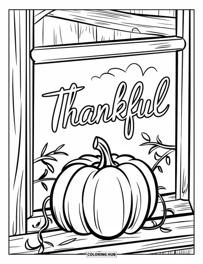 Coloriage de reconnaissance pour enfants : Une citrouille sur un rebord de fenêtre rustique avec le mot « Thankful » écrit en cursive