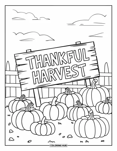 Coloriage de reconnaissance pour enfants : Un champ de citrouilles entoure une pancarte en bois « Thankful Harvest »