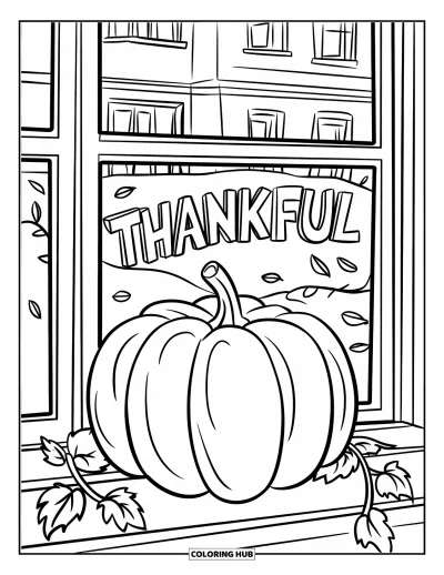 Coloriage de reconnaissance pour enfants : Une citrouille posée sur un rebord de fenêtre avec « Thankful » écrit sur la vitre