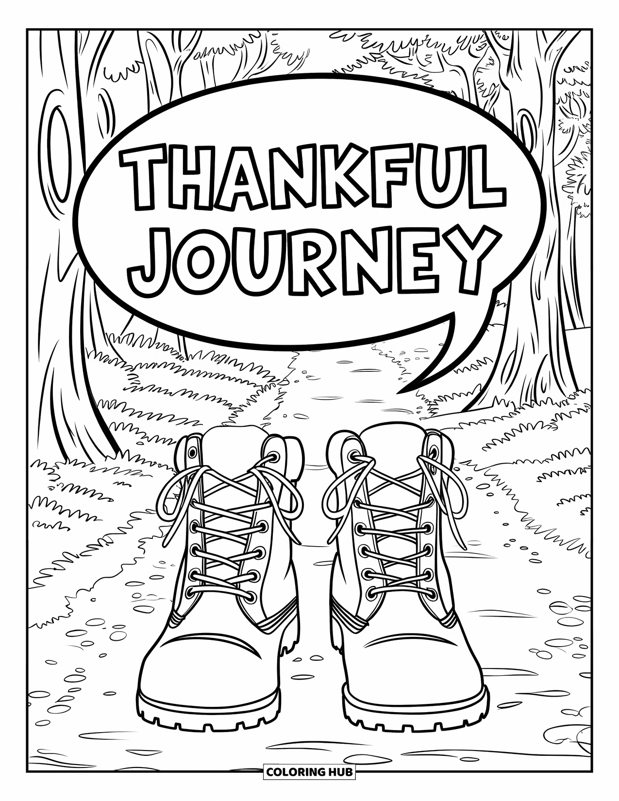 Dankbarkeits-Ausmalbild für Kinder: Ein ruhiger Waldweg mit Stiefeln und einer Sprechblase mit der Aufschrift “Thankful Journey”
