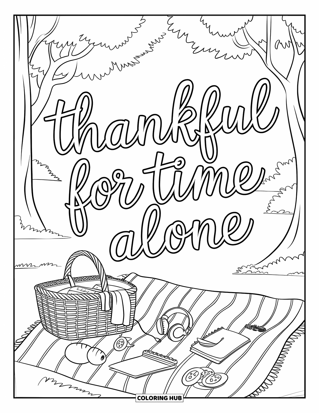 Dankbarkeits-Ausmalbild für Kinder: Eine ruhige Picknick-Szene mit Snacks und dem Schriftzug “Thankful for Time Alone”