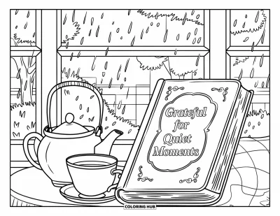 Coloriage de reconnaissance pour enfants : Une fenêtre sous la pluie et une scène de thé chaud avec les mots « Grateful for Quiet Moments »