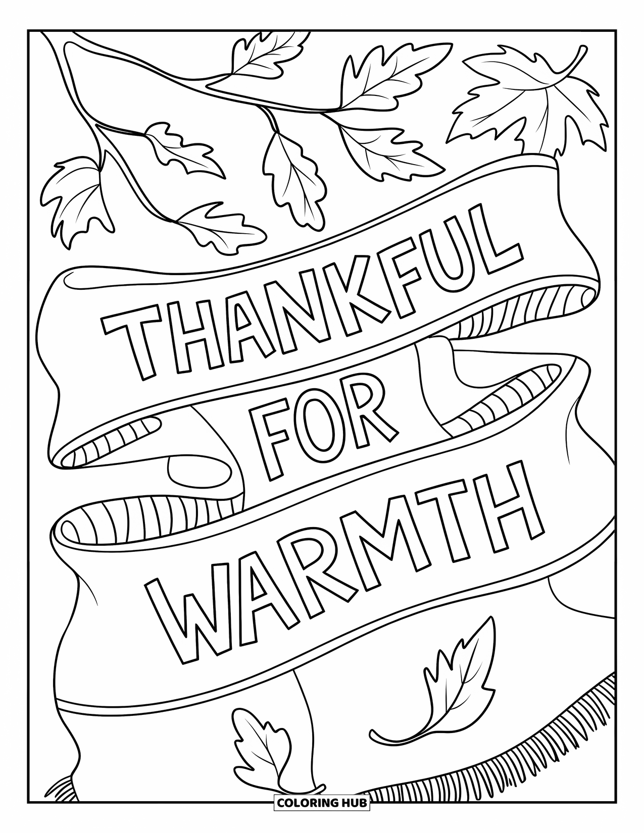 Dankbarkeits-Ausmalbild für Kinder: Ein Schal und Blätter liegen beisammen, dazu der Schriftzug “Thankful for Warmth”