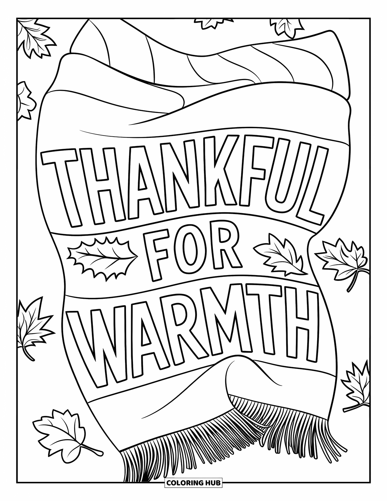Dankbarkeits-Ausmalbild für Kinder: Ein Schal liegt über Herbstblättern mit dem Schriftzug “Thankful for Warmth” darauf