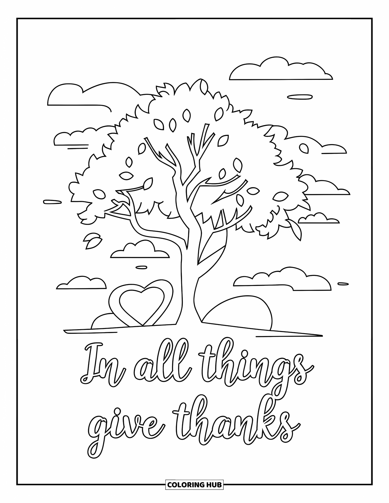 Dankbarkeits-Ausmalbild für Kinder: Eine schlichte Baumszene trägt die Botschaft “In All Things Give Thanks”