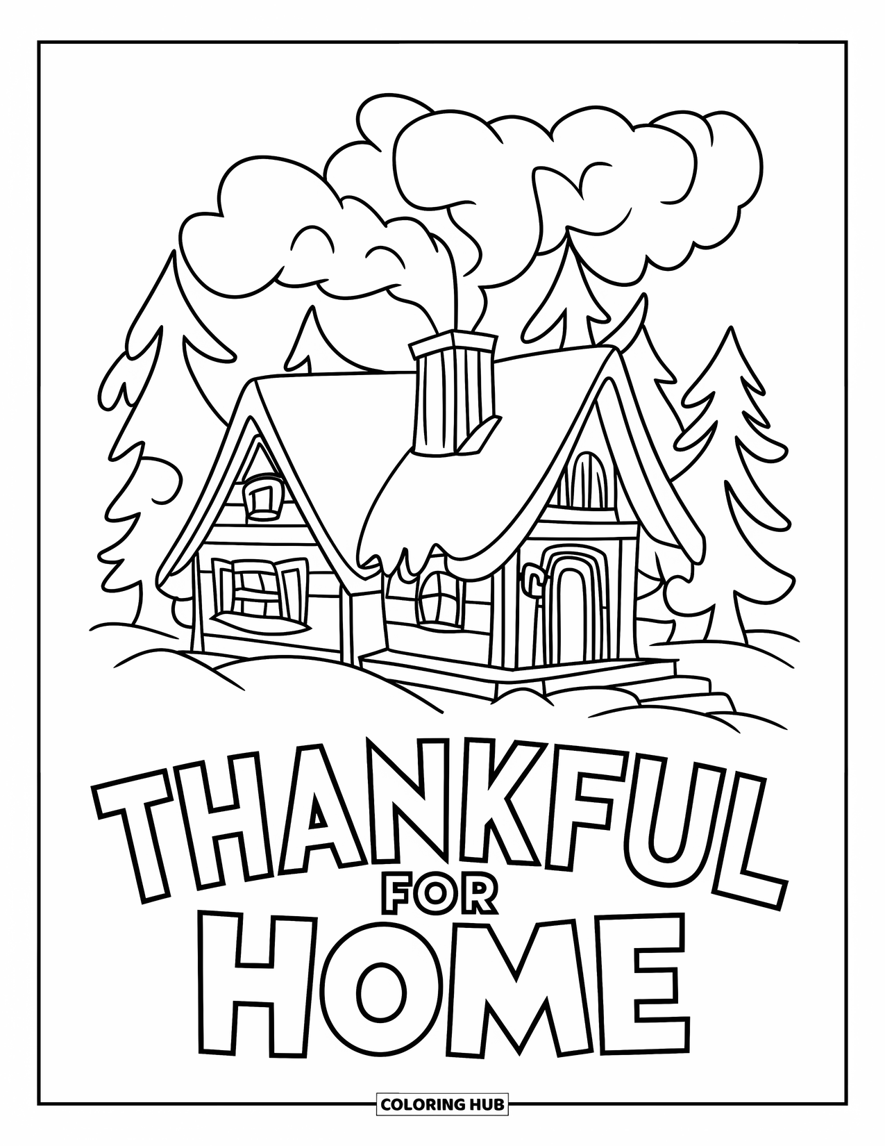 Dankbarkeits-Ausmalbild für Kinder: Eine verschneite Hütte leuchtet warm mit dem Schriftzug “Thankful for Home” darunter