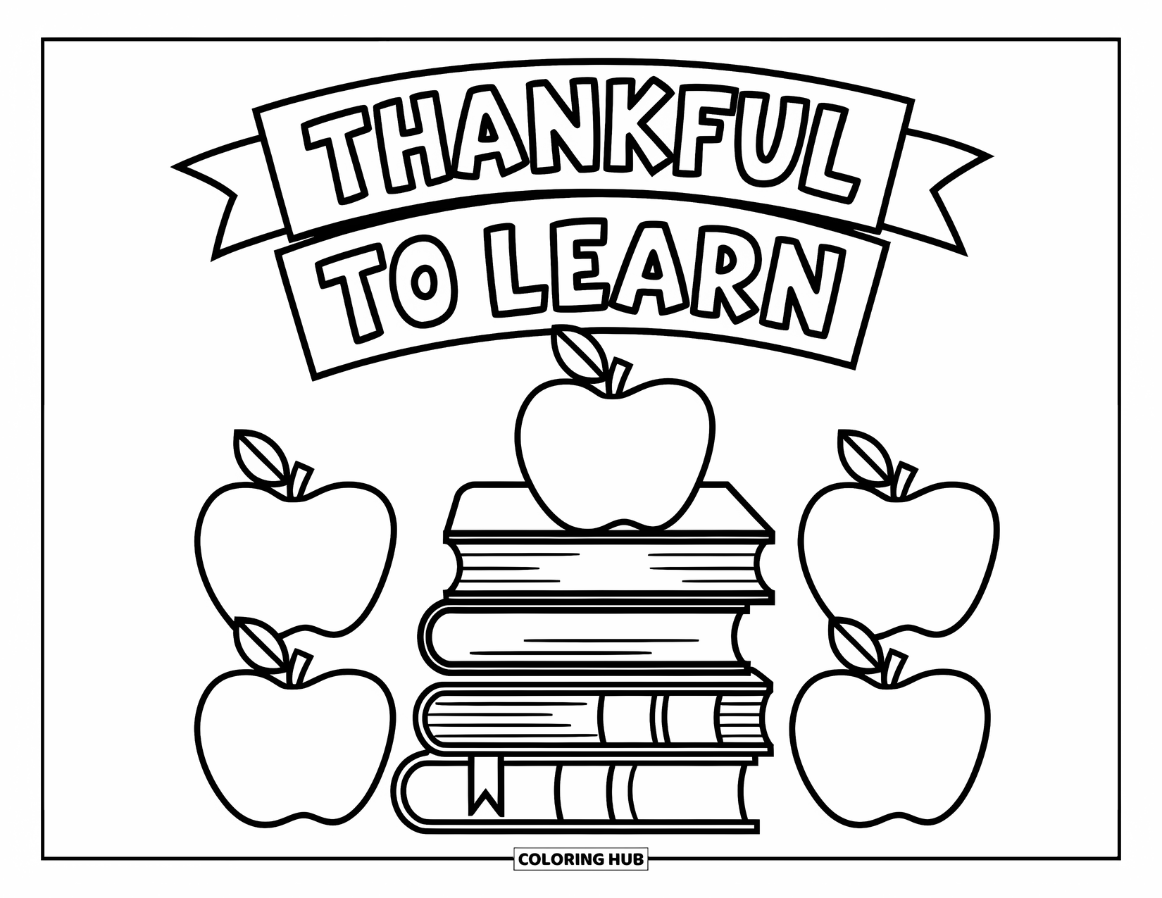 Dankbarkeits-Ausmalbild für Kinder: Bücherstapel und Äpfel liegen unter dem Schriftzug “Thankful to Learn”