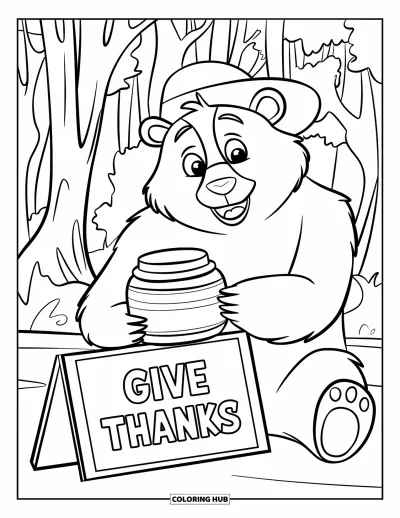 Coloriage de reconnaissance pour enfants : Un adorable ourson avec un pot de miel assis près d'une pancarte « Give Thanks »
