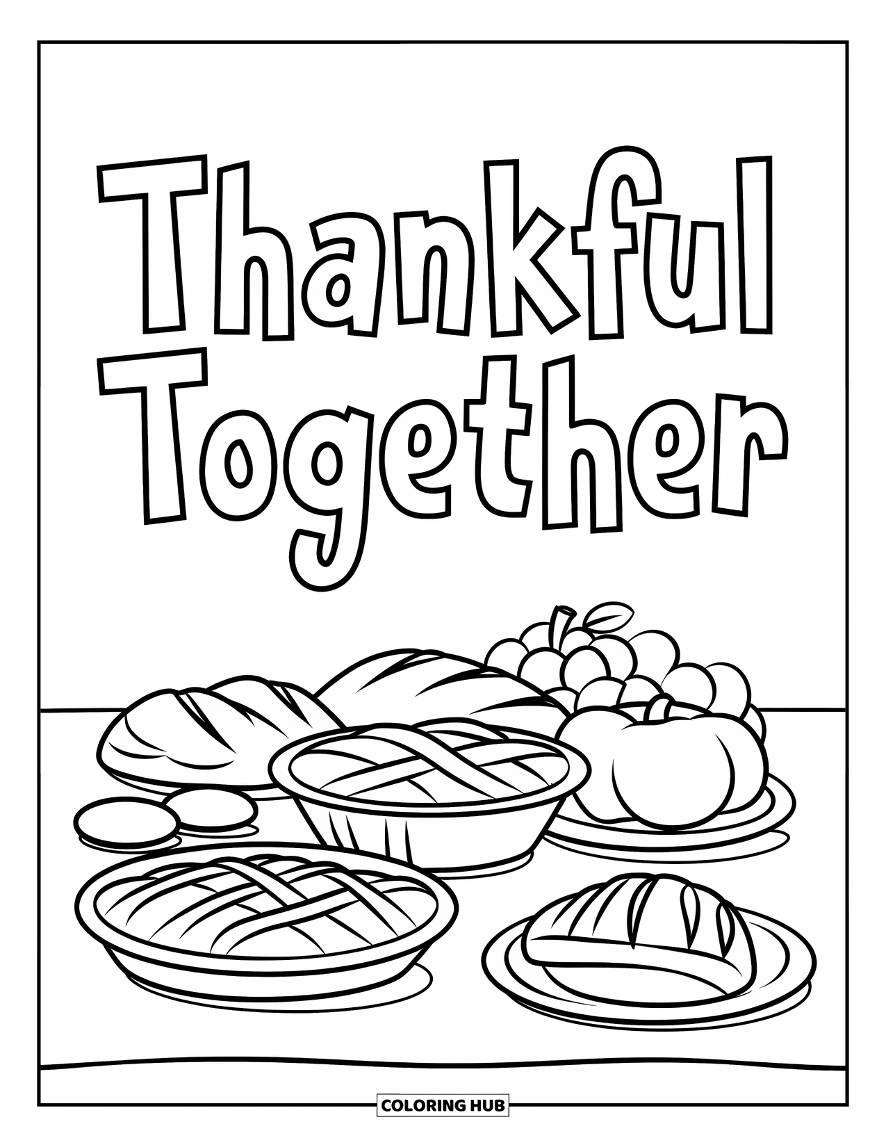 Dankbarkeits-Ausmalbild für Kinder: Eine fröhliche Festtafel mit dem Schriftzug “Thankful Together”