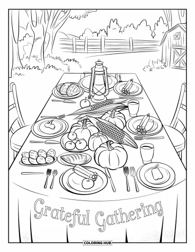 Coloriage de reconnaissance pour enfants : Une table pleine de mets d'automne sous l'inscription « Grateful Gathering »