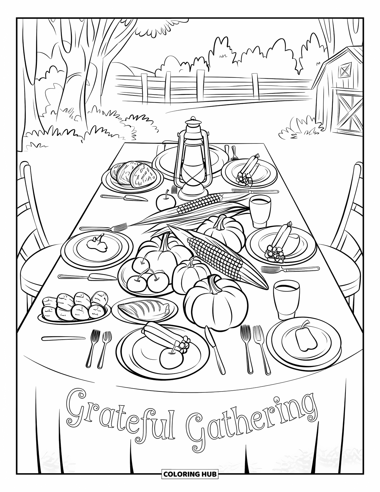 Dankbarkeits-Ausmalbild für Kinder: Ein Tisch voller Herbstgerichte steht unter dem Schriftzug “Grateful Gathering”