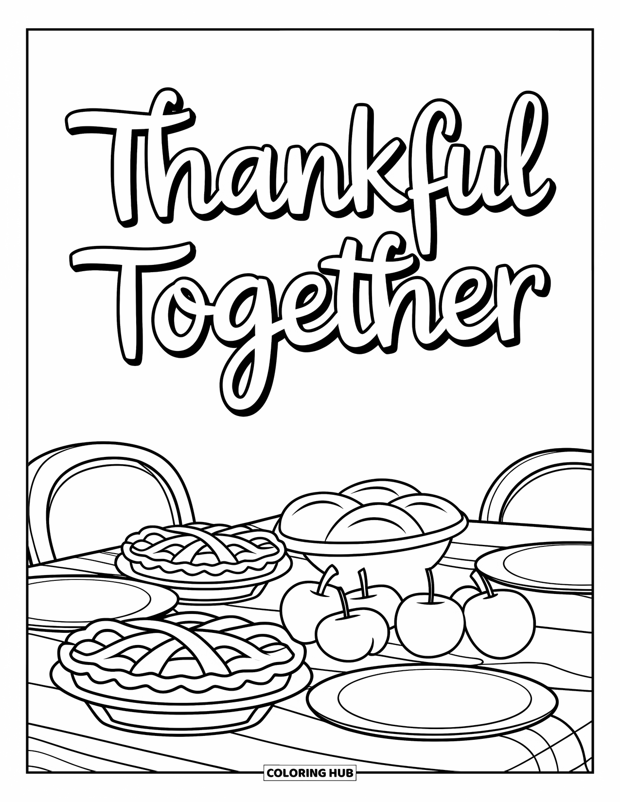 Dankbarkeits-Ausmalbild für Kinder: Ein gedeckter Tisch mit Leckereien steht unter dem Schriftzug “Thankful Together”