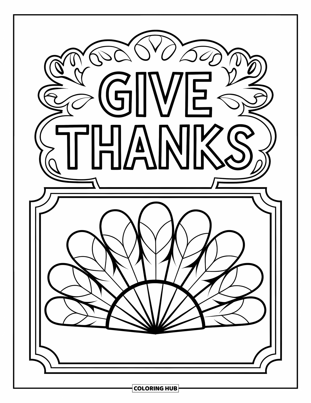Dankbarkeits-Ausmalbild für Kinder: Ein Truthahnfeder-Fächer hängt an einer Tafel mit “Give Thanks” darüber