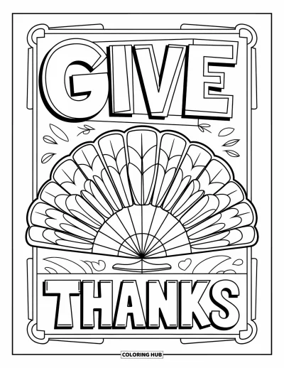 Coloriage de reconnaissance pour enfants : Un éventail de plumes de dinde avec « Give Thanks » écrit en cursive au-dessus