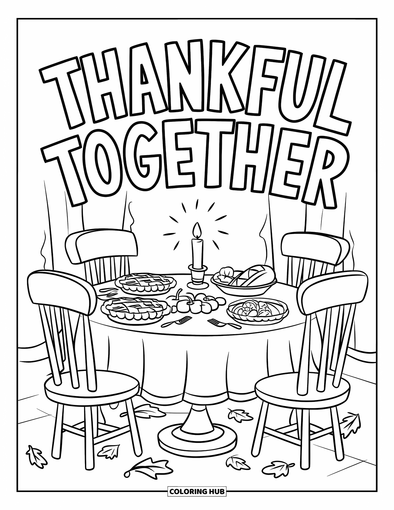 Dankbarkeits-Ausmalbild für Kinder: Eine gemütliche Tischszene mit Essen und Kerzen erstrahlt unter dem Schriftzug “Thankful Together”