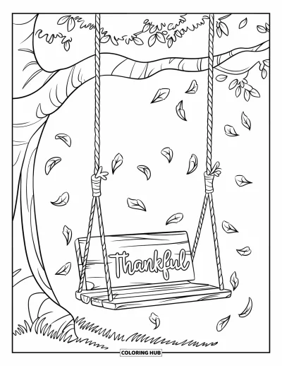 Coloriage de reconnaissance pour enfants : Une balançoire en bois sous un arbre portant le mot « Thankful »