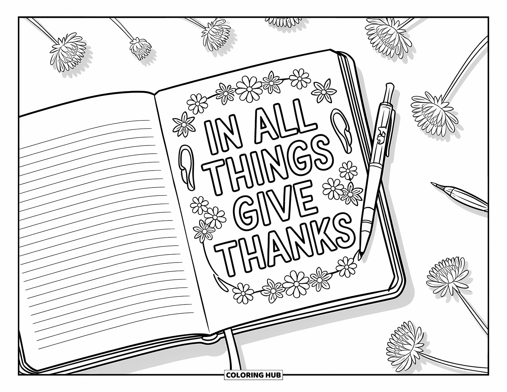 Dankbarkeits-Ausmalbild für Kinder: Ein offenes Tagebuch zeigt “In All Things Give Thanks”, daneben Stifte und getrocknete Blumen