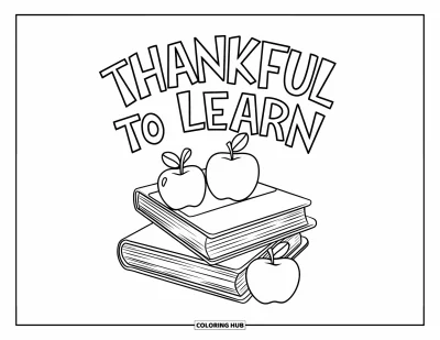 Coloriage de reconnaissance pour enfants : Des livres et des pommes bien rangés sous les mots « Thankful to Learn »
