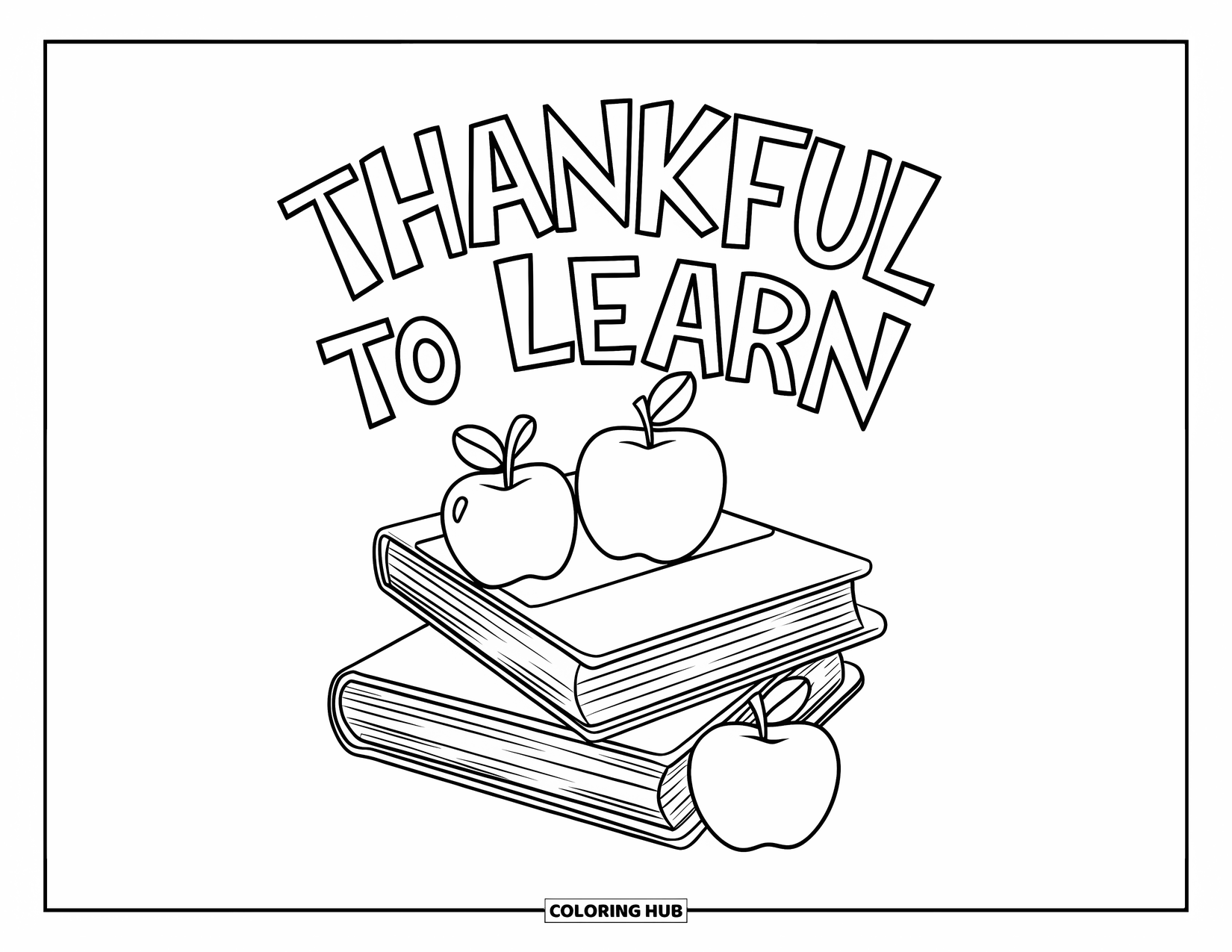 Dankbarkeits-Ausmalbild für Kinder: Bücher und Äpfel liegen ordentlich unter dem Schriftzug “Thankful to Learn”