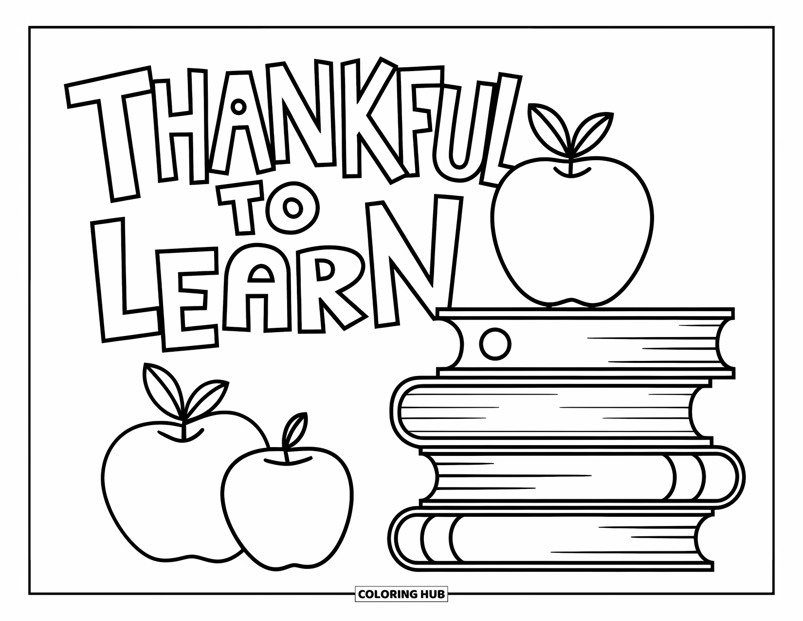Dankbarkeits-Ausmalbild für Kinder: Bücher und Äpfel mit dem fröhlichen Schriftzug “Thankful to Learn” darüber